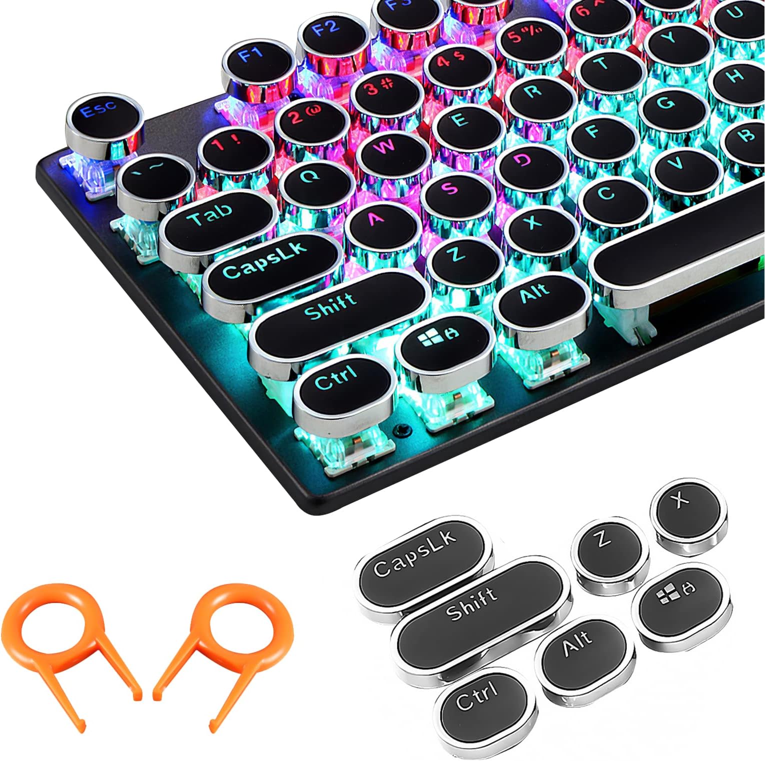 SOOTOP Steampunk Typewriter Keycaps Pudding Keycap Set Typewriter Caps for Backlit Mechanical Keyboard Round Key Cap 104 Keys with Keycap Puller (Black)