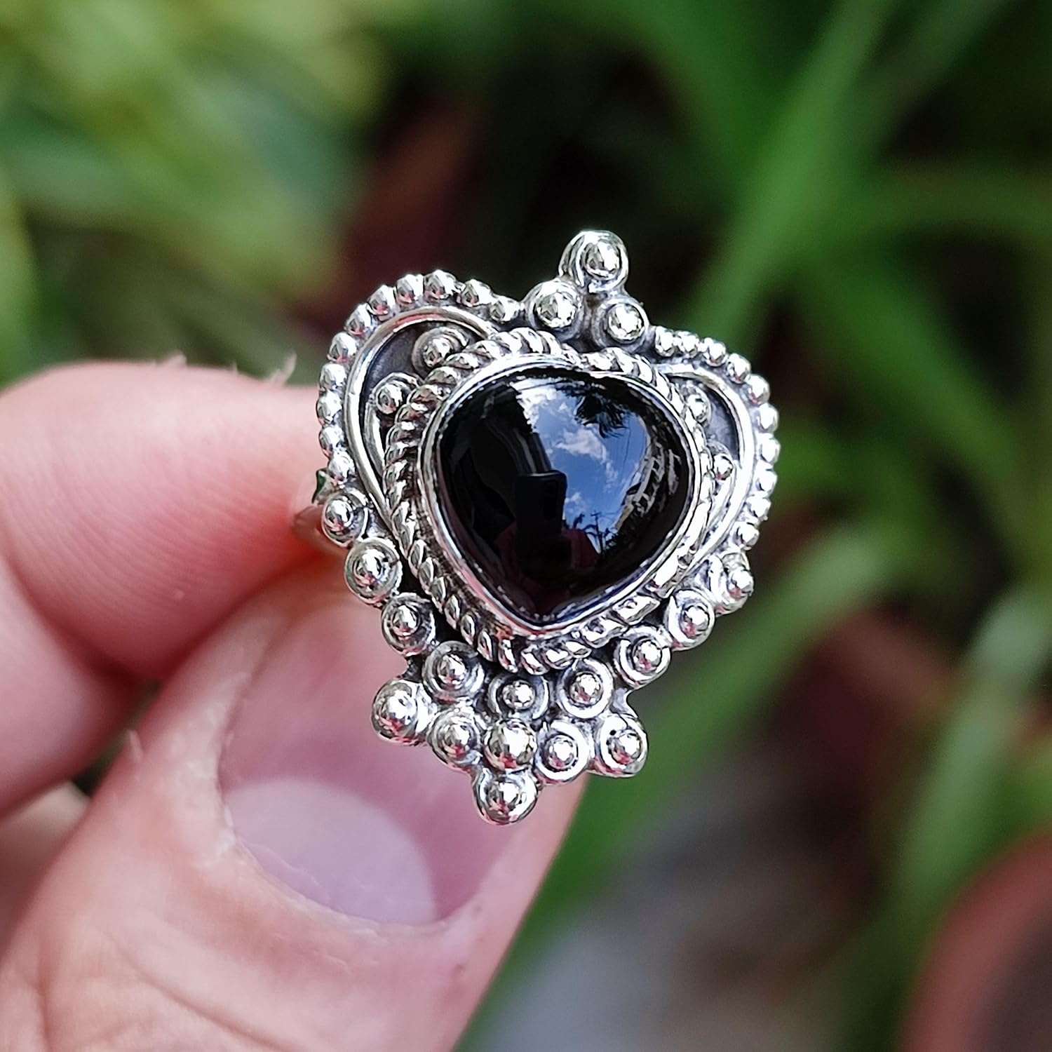 NavyaCraft Black Onyx Ring, 925 Sterling Silver Statement Promise Ring for Women, Natural Black Onyx Heart Shape Gemstone Handmade Boho Jewelry, July Birthstone Gift