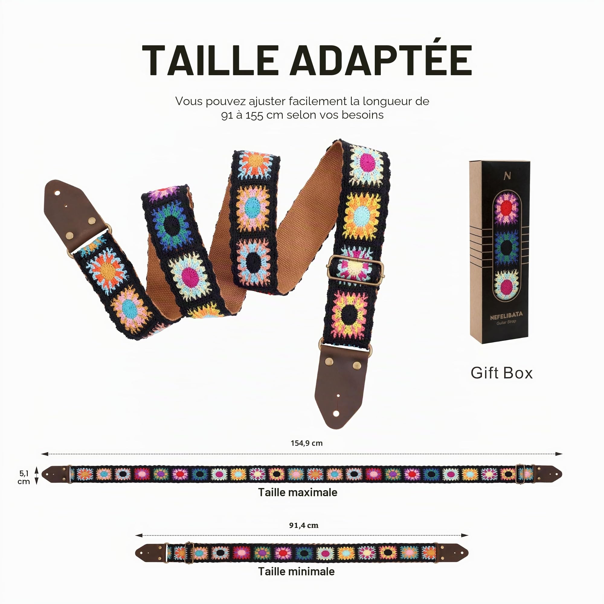 Nefelibata Sangle de guitare, sangles de guitare en coton brodé Jacquard avec extrémités en cuir Crazy Horse pour basse, électrique et acoustique, meilleurs cadeaux pour les enfants, les guitaristes