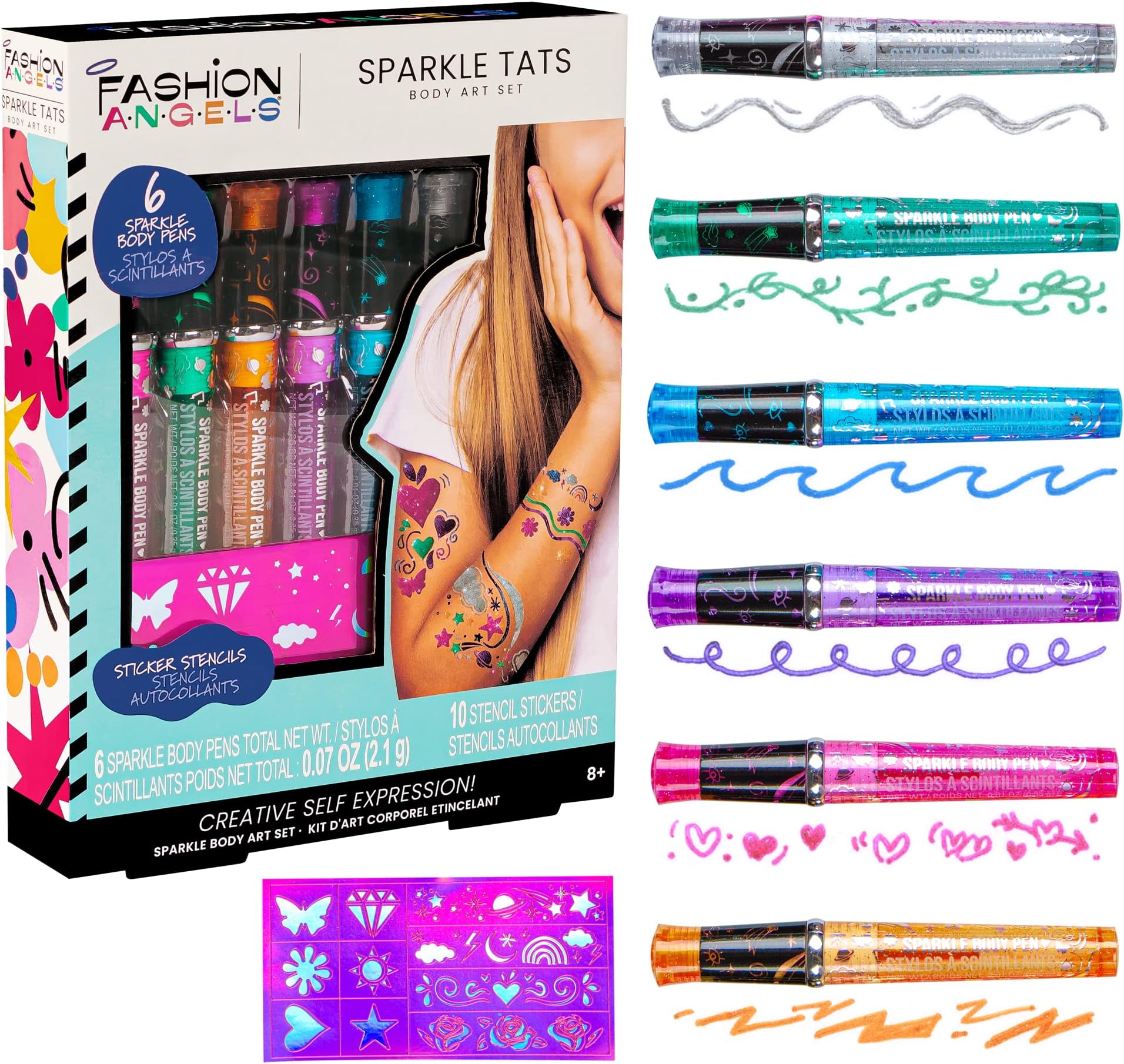Fashion Angels Sparkle Tats Body Art Set - Temporary Tattoo Pens, Washable & Shimmery Tattoo Body Ink, 6 Tattoo Body Markers Set with Stencil Stickers for Kids 8+, Multi (12674)