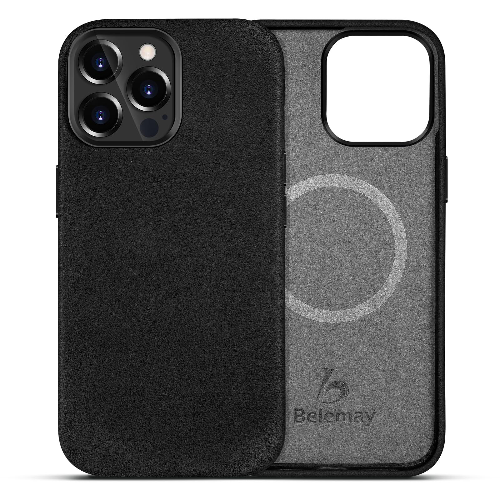 Belemay Compatible with iPhone 13 Pro Leather Case with Magsafe, Vintage Premium Crazy Horse Leather, Rich Patina, Comfortable Grip, Metal Buttons & Lens Protector, Slim Fit Cover (6.1-inch) - Black