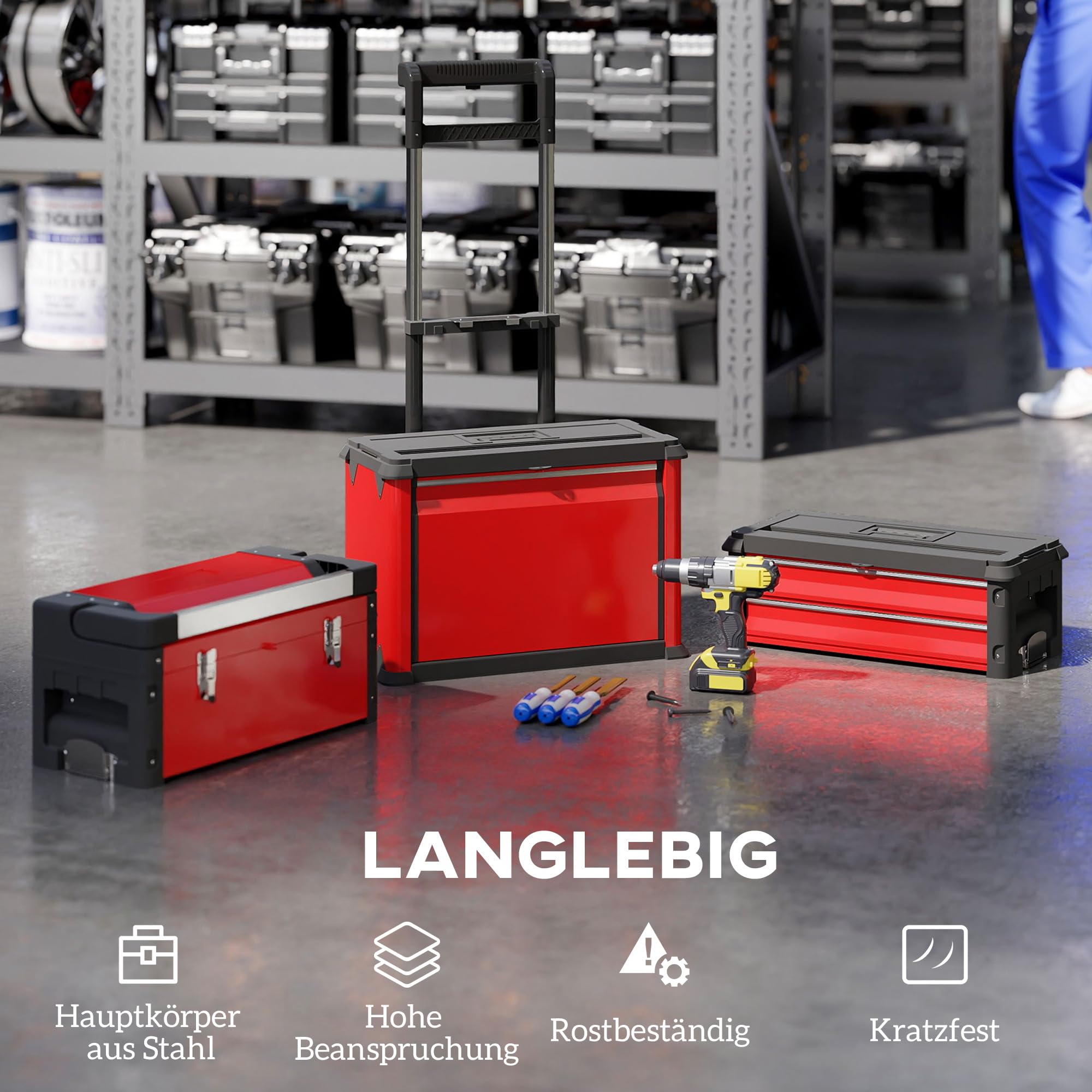 HOMCOM Werkstattwagen Werkzeugwagen inkl. Koffer, 3 Module, Stahl Rot