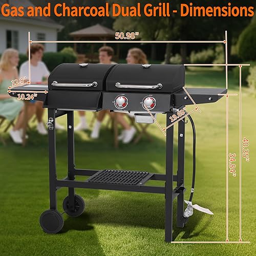 Miniatura 3 de Parrilla combinada de gas propano y carbón de 2 quemadores con plancha, 19100 BTU al aire libre barbacoa ahumador barbacoa parrilla con quemador