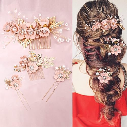 4 horquillas rosas para el cabello de boda con perlas de cristal, pinzas para el cabello, accesorios para el cabello, joyería con diamantes de
