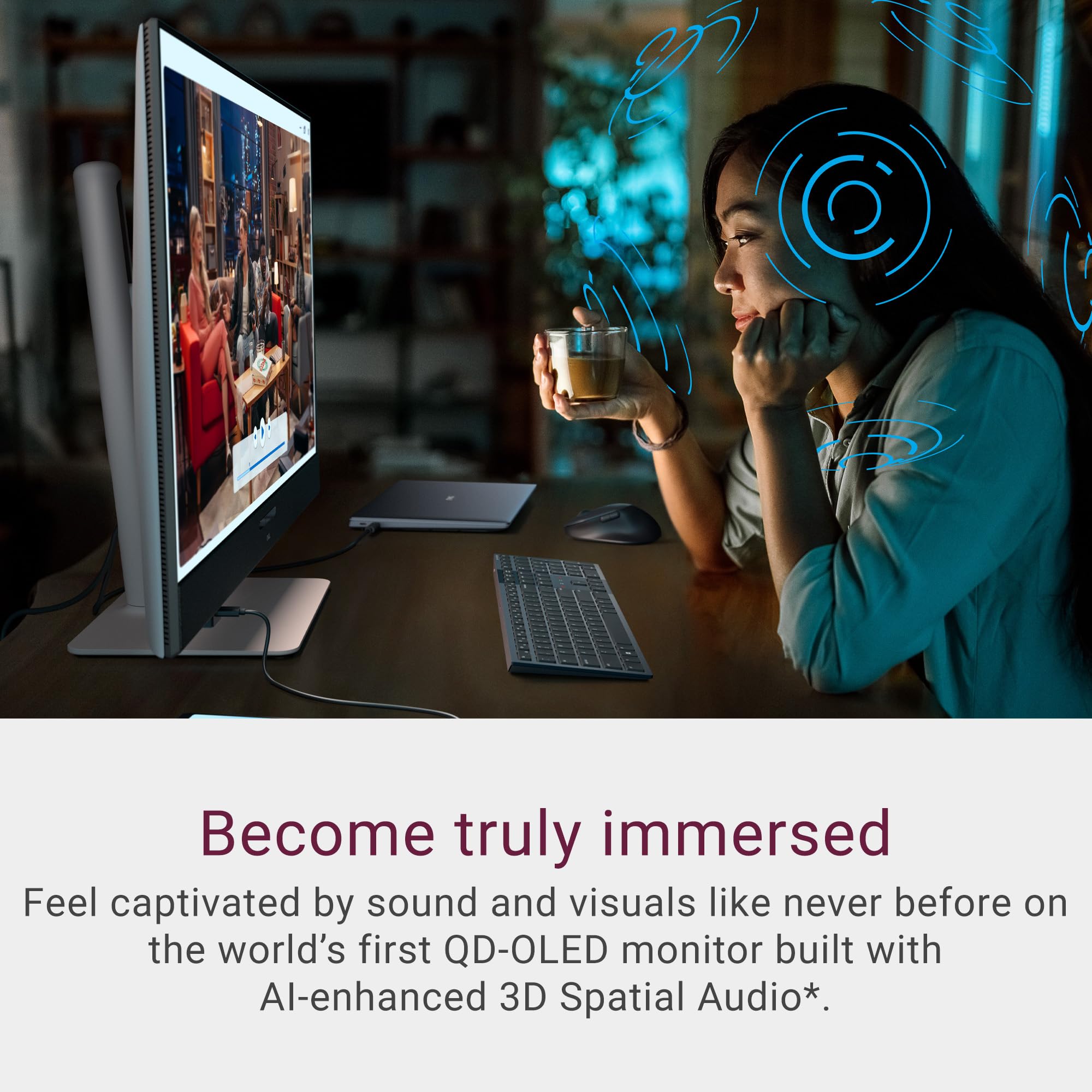 Dell 32 Plus 4K QD-OLED Monitor S3225QC - 31.6-inch (3840 x 2160) 120Hz 0.03ms Display, AI-Enhanced 3D Spatial Audio, Height/Tilt/Swivel/Slant Adjustment - Ash White - Detailed View