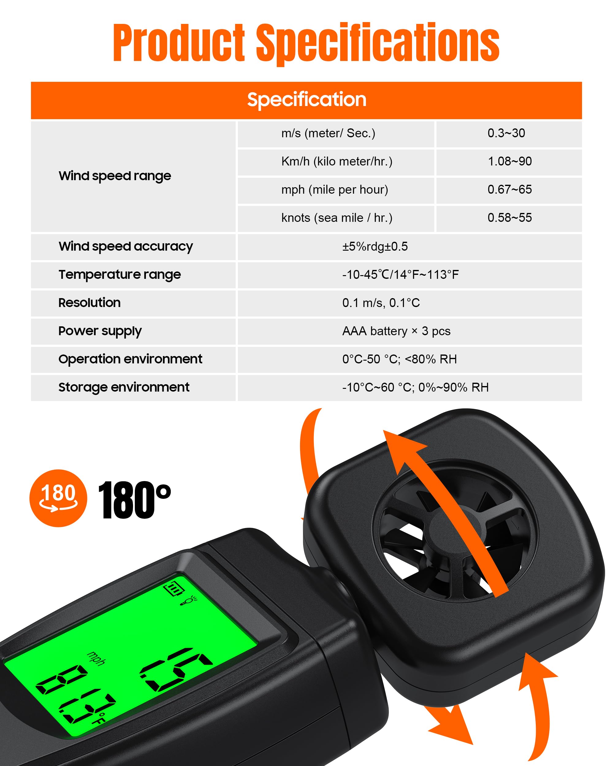 NOPWOK Anémomètre numérique portable 3 en 1 - Mesure de la vitesse du vent de haute précision - Avec rétroéclairage - Pour HAVC, voile, pêche
