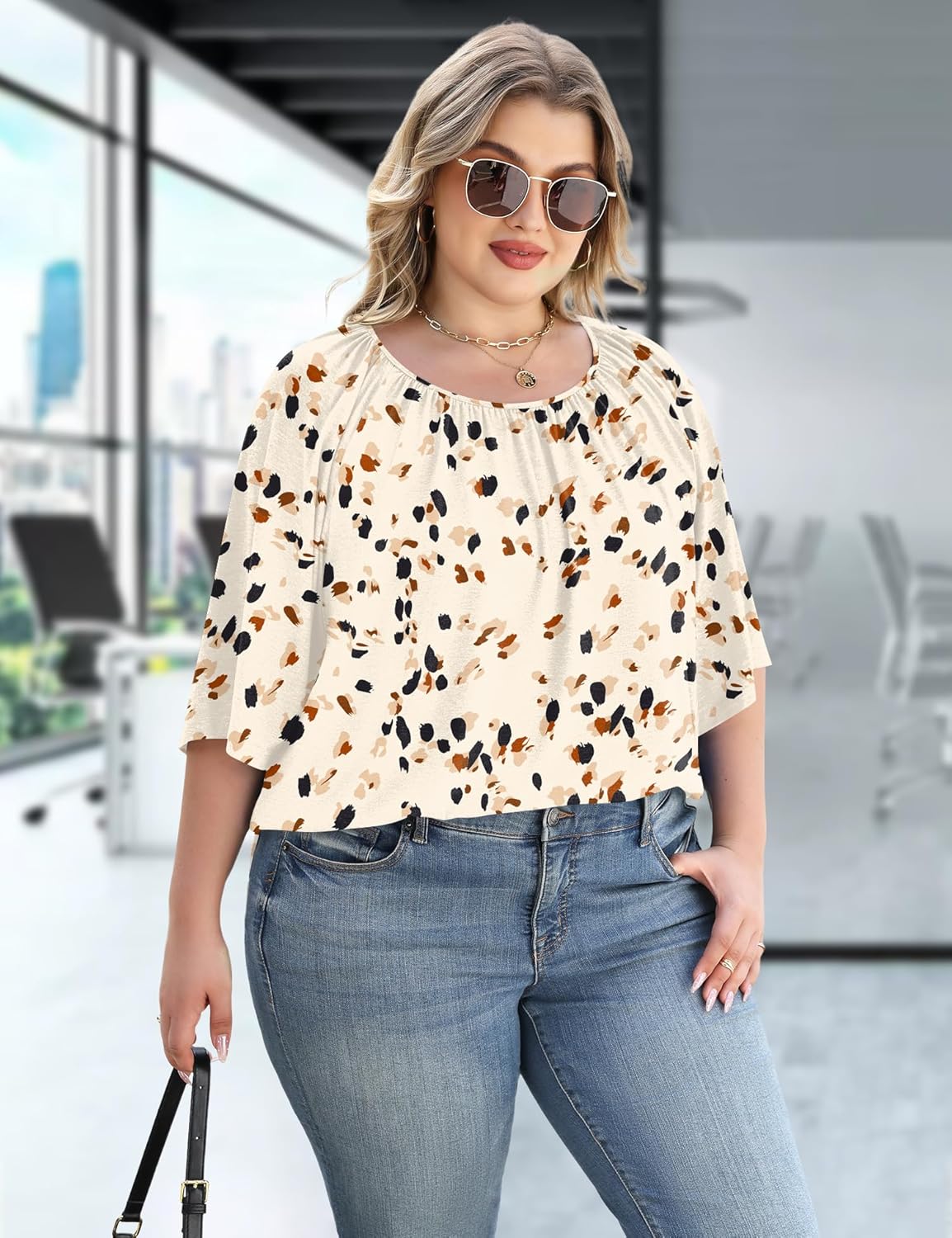 LOMON Womens Plus Size Tops Summer 3/4 Length Sleeve Crewneck Blouses Dressy Casual Loose Curvy Flowy Tunic Shirts 1X-5X - Image 3