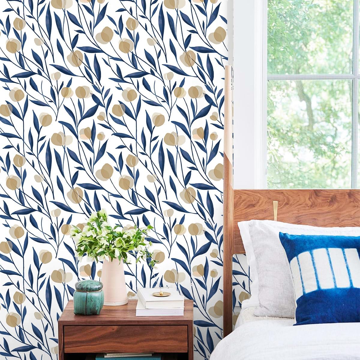 HAOKHOME 934011 Peel and Stick Wallpaper Boho Floral White/Navy/Tan