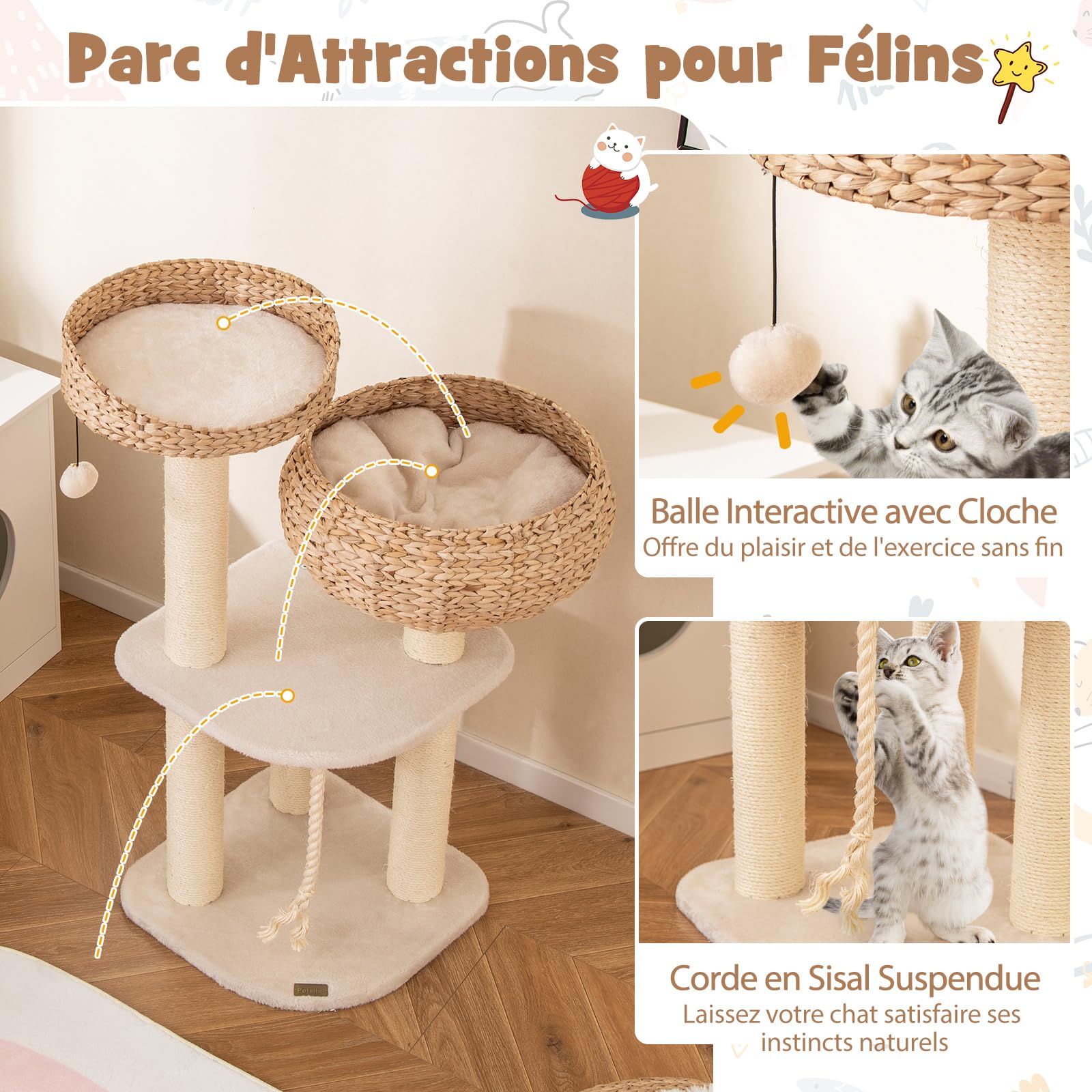 COSTWAY Arbre a Chat XXL 104 cm, Arbre a Chat Bois, 3 Poteaux à Griffer en Sisal,Tour pour Chaton 3 Plateformes, Panier, Pompon, Corde à Griffer (104 cm,Beige)