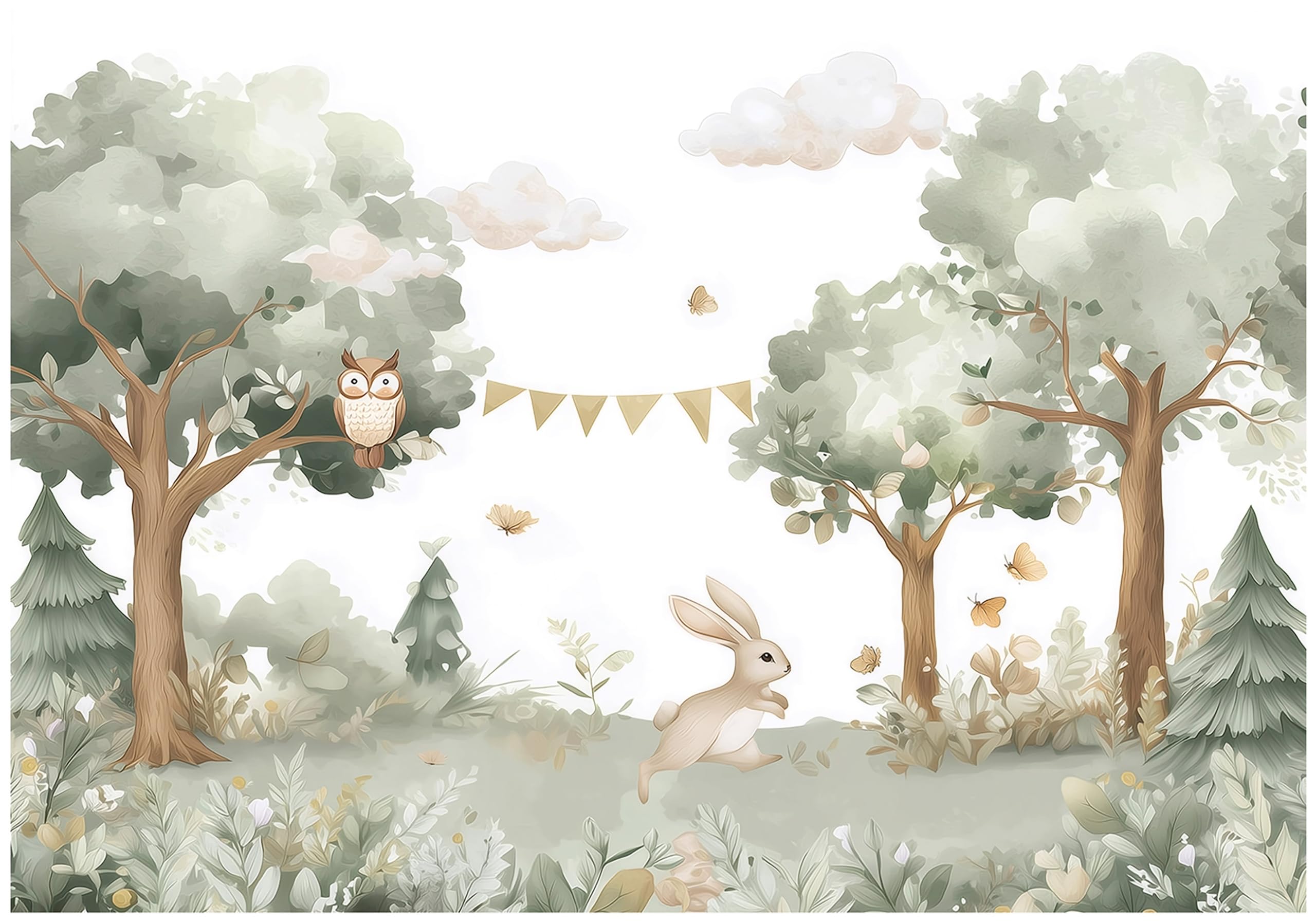 WallArena - Vlies Fototapete Kinderzimmer 400x280 cm Wald Tiere - Fototapeten Tapeten für Kinder Mädchen & Jungen - Kindertapete - Kinderzimmertapete Landschaft weiß grün Hase