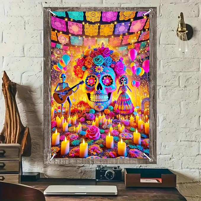 Day of the Dead Halloween Window Banner 31x47 Inch Sugar Skull Catrina Skeleton Floral Decoration Marigold Papel Picado Ofrenda Mexican Festival Indoor Outdoor Party Wall Display