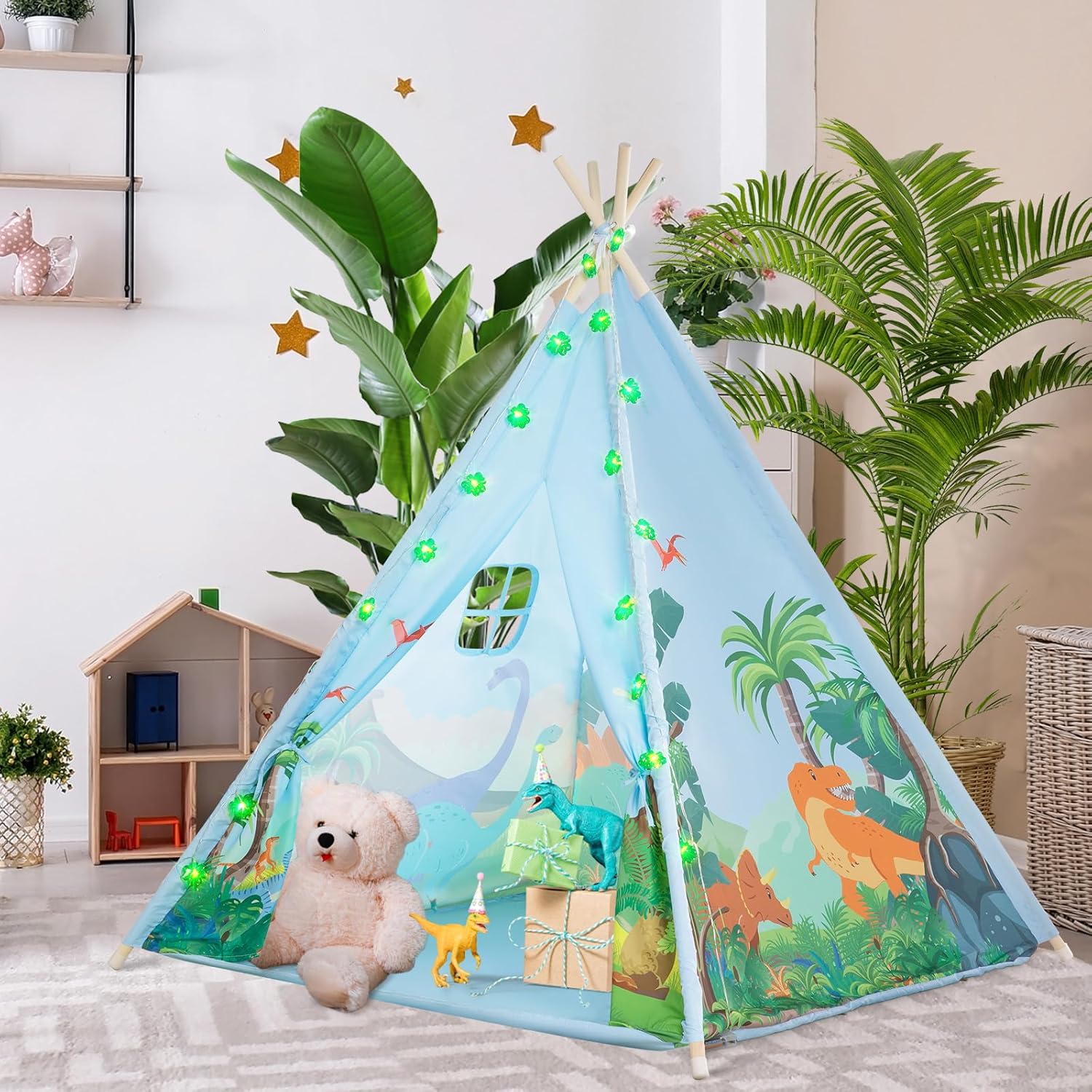 Teepee Tent for Kids, Toddlers Dinosaur Play Tent with LED String Lights, Foldable Children Teepee Tent Toy w/Storage Bag, Indoor Outdoor Pretend Playhouse Gift for Boys Girls Ages 3+