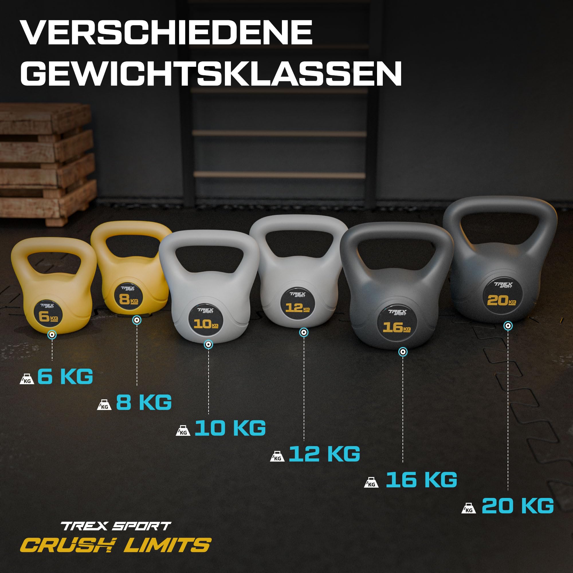TREX SPORT Kettlebell 6kg, 8kg, 10kg, 12kg, 16kg, 20kg TX-006-020CKB | Kugelhantel & Kugelgewichte für Ganzkörper-Workout | rutschfester Griff, bodenschonend