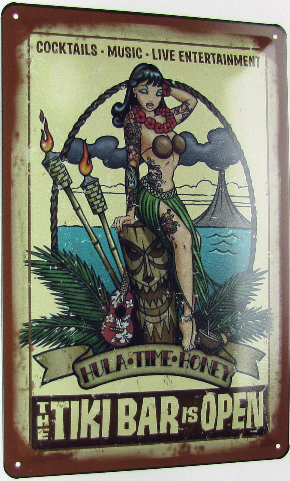 Targa In Metallo, 20 X 30 Cm, Bombata The Tiki Bar Is Open Cocktails