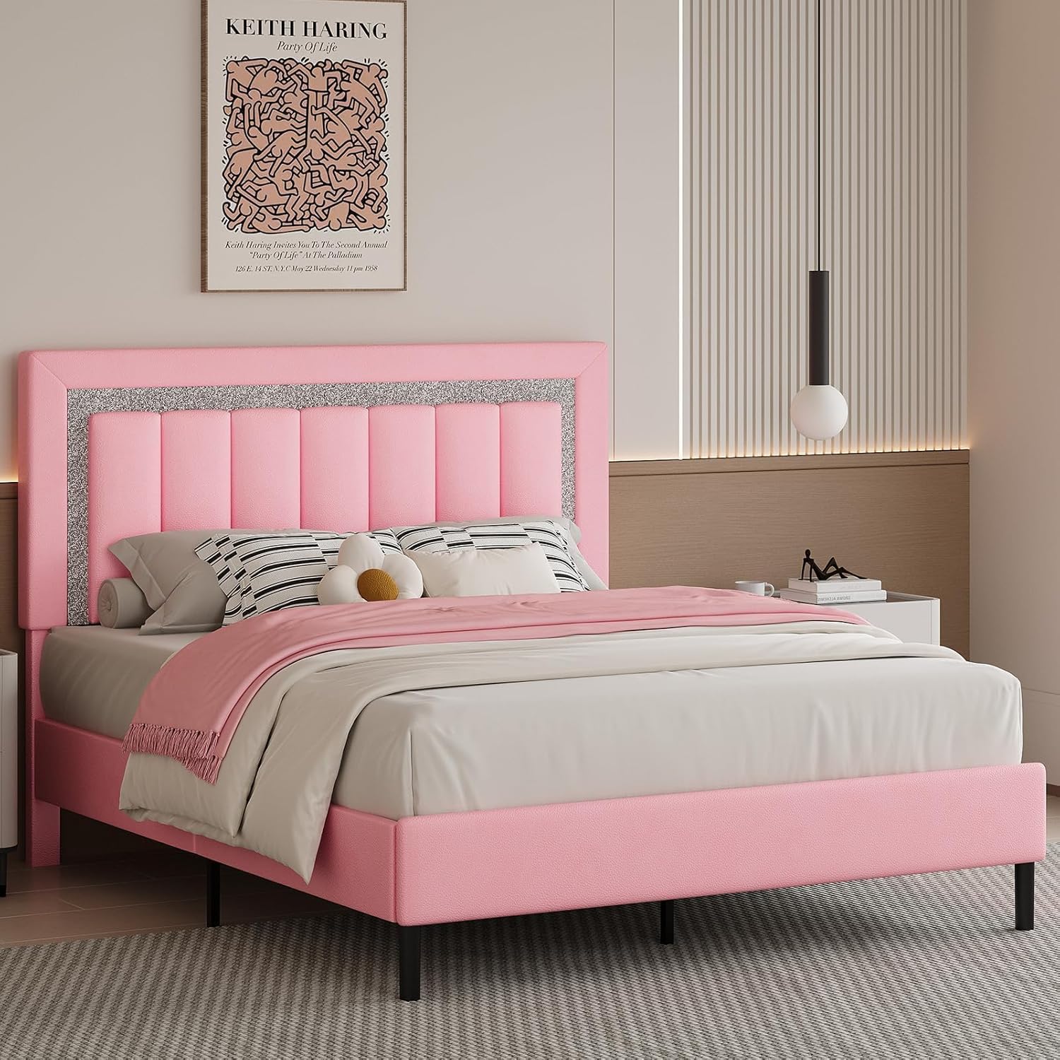 HOMBCK Bed Frame Queen Size with Headboard, Queen Bed Frame with Wooden Slats Support, Faux Leather Upholstered Bed with Diamond Vertical Stripe Design, Mattress Foundation, No Box Spring Needed, Pink