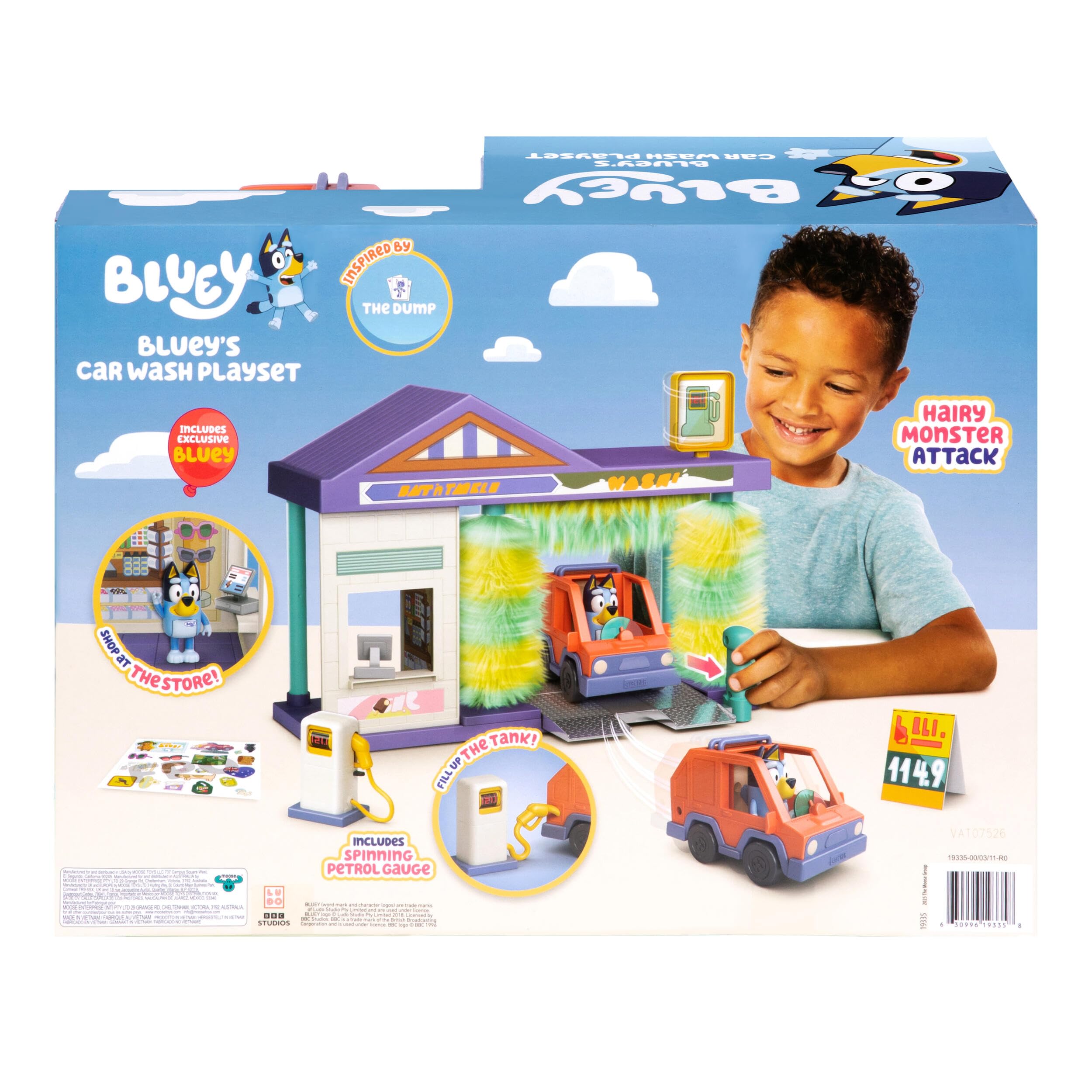 Bluey Set de Juego del Túnel de Lavado Incluye una Figura Exclusiva; Gira los cepillos, Llena el depósito de Gasolina y recrea la Aventura del Monstruo Peludo; Juguete Interactivo para niños