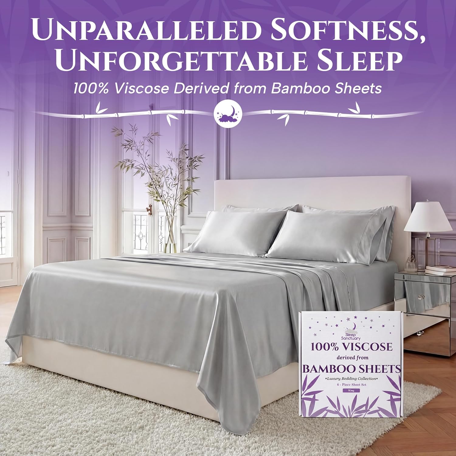 SLEEP SANCTUARY 100% Viscose Derived from Bamboo Sheets King Size 6pcs – BamBliss Luxury Cooling Sheets for Hot Sleepers - Cloud Soft, 17" Deep Pocket, Ultra Durable Bed Set (Light Grey)