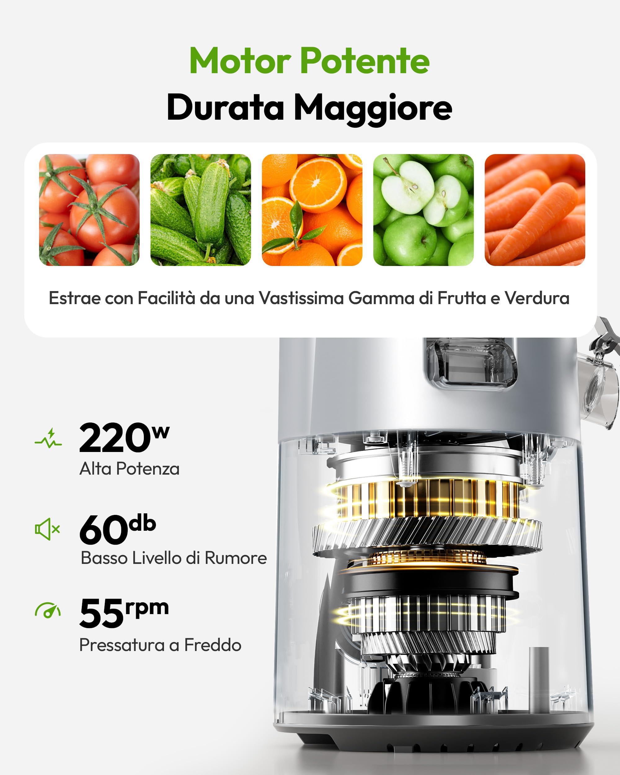 EUHOMY Estrattore Frutta e Verdura, Apertura 135MM e Capacità 1,8L Centrifuga Frutta e Verdura, 220W Estrattore di Succo con 2 Bicchieri, 99% Nutrienti Preservati, Facile da Smontare e Pulire