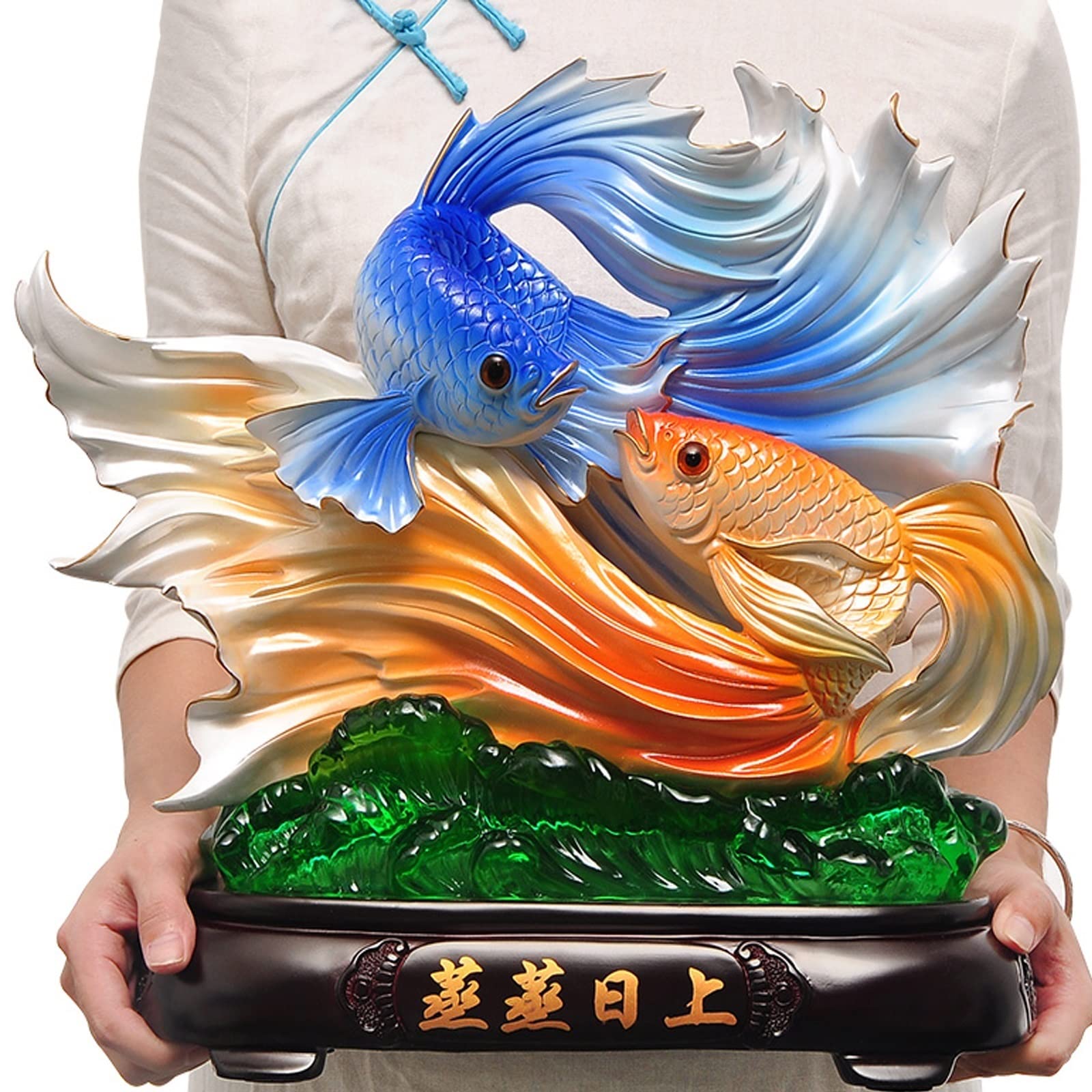 Posąg Buddy do wnętrz Feng Shui Ozdoby Fortune Goldfish Lucky Standue Mały Standue Biuro Salon Dekoracja Biznes Otwarta Złota Statua Medytująca Statua Buddy Rzeźba (B)