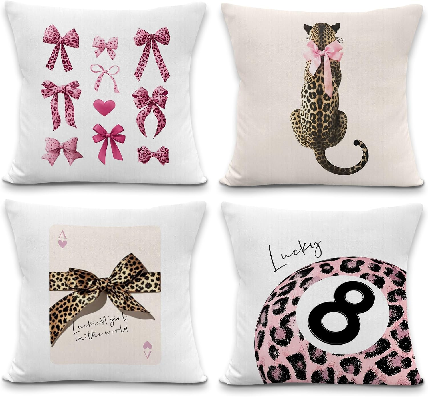 Preppy Pink Cheetah Throw Pillow Covers 18x18 Set of 4, Girly Bedroom Decor, Cheetah Print Bow Pillows, Trendy Leopard Lucky 8 Ball Pillowcases Cushion Case for Teen Girls Room Dorm Decor