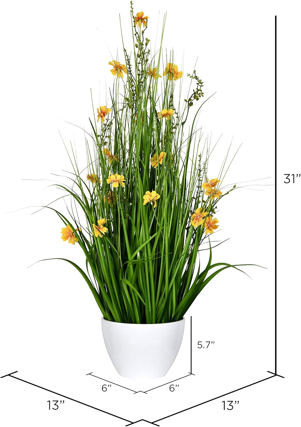Vickerman Everyday 31" Indoor Artificial Potted Yellow Cosmos and Green Grass - Classic White Pot - Realistic Looking Colorful Foliage of Durable Polyester - Maintenance Free