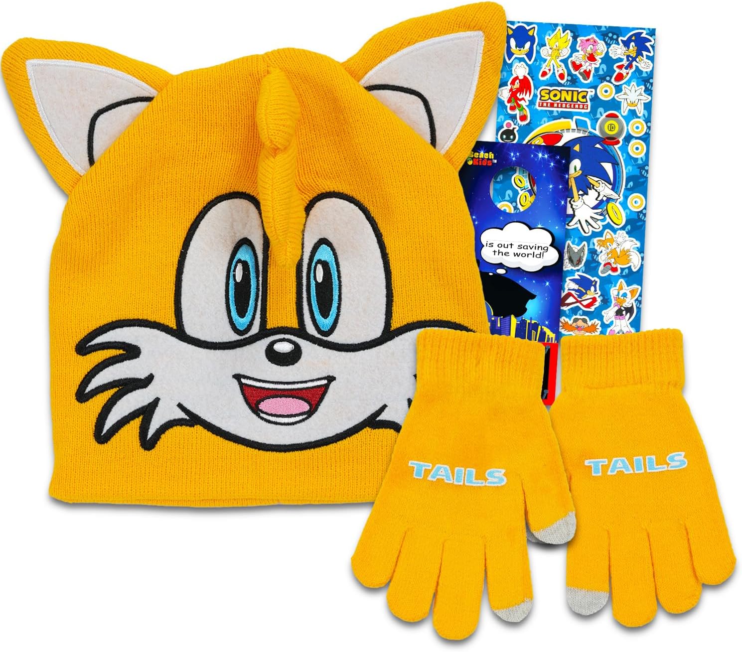 Sonic the Hedgehog Hat and Mittens Set - Bundle with Sonic and Friends Beanie, Mittens, Stickers, More | Sonic Gifts for Boys