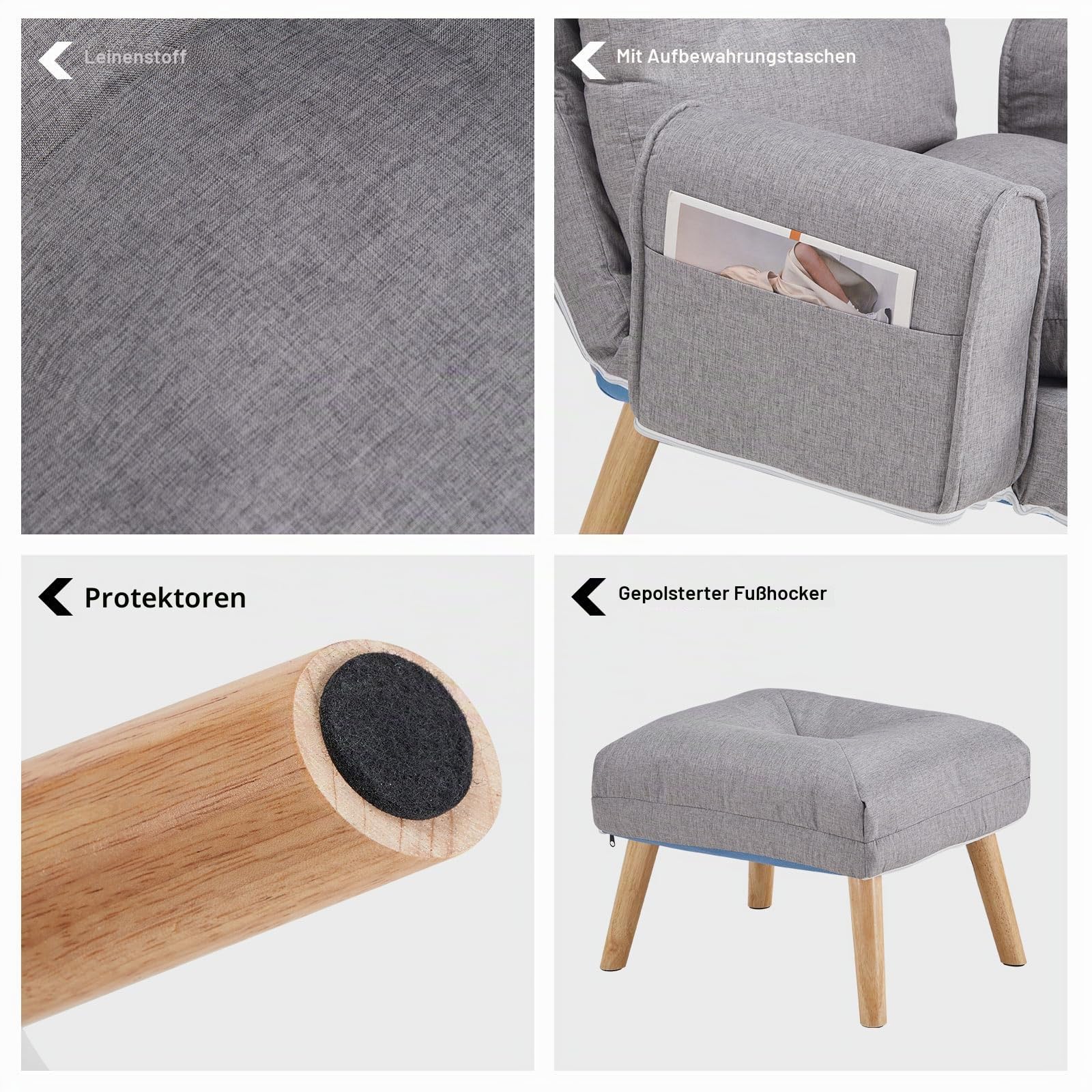 CLIPOP Relaxsessel mit Hocker Verstellbarer Lesesessel Leinen mit 6 Positionen Extra Dick Gepolsterter Lehnstühle Liegesessel Fernsehsessel Ohrensessel mit Liegefunktion (Grau)