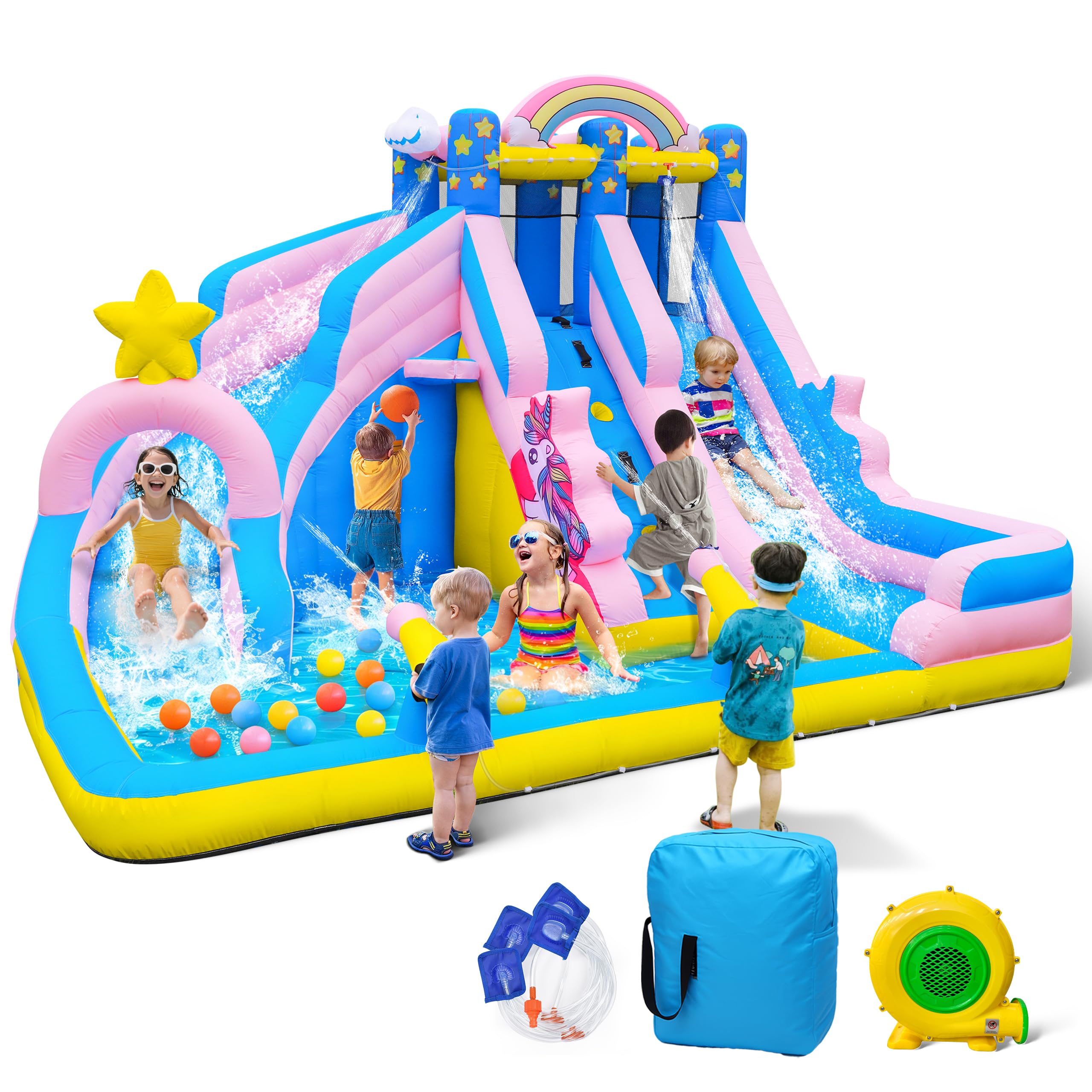 Photo 1 of Culaluva Inflatable Water Slide: Blow up Bounce House Water Park for Kids 3-12 - Splash Pool Water Cannon Climbing Wall Basketball Rim - for Backyard Outdoor Birthday Party, Pink and Ocean Style