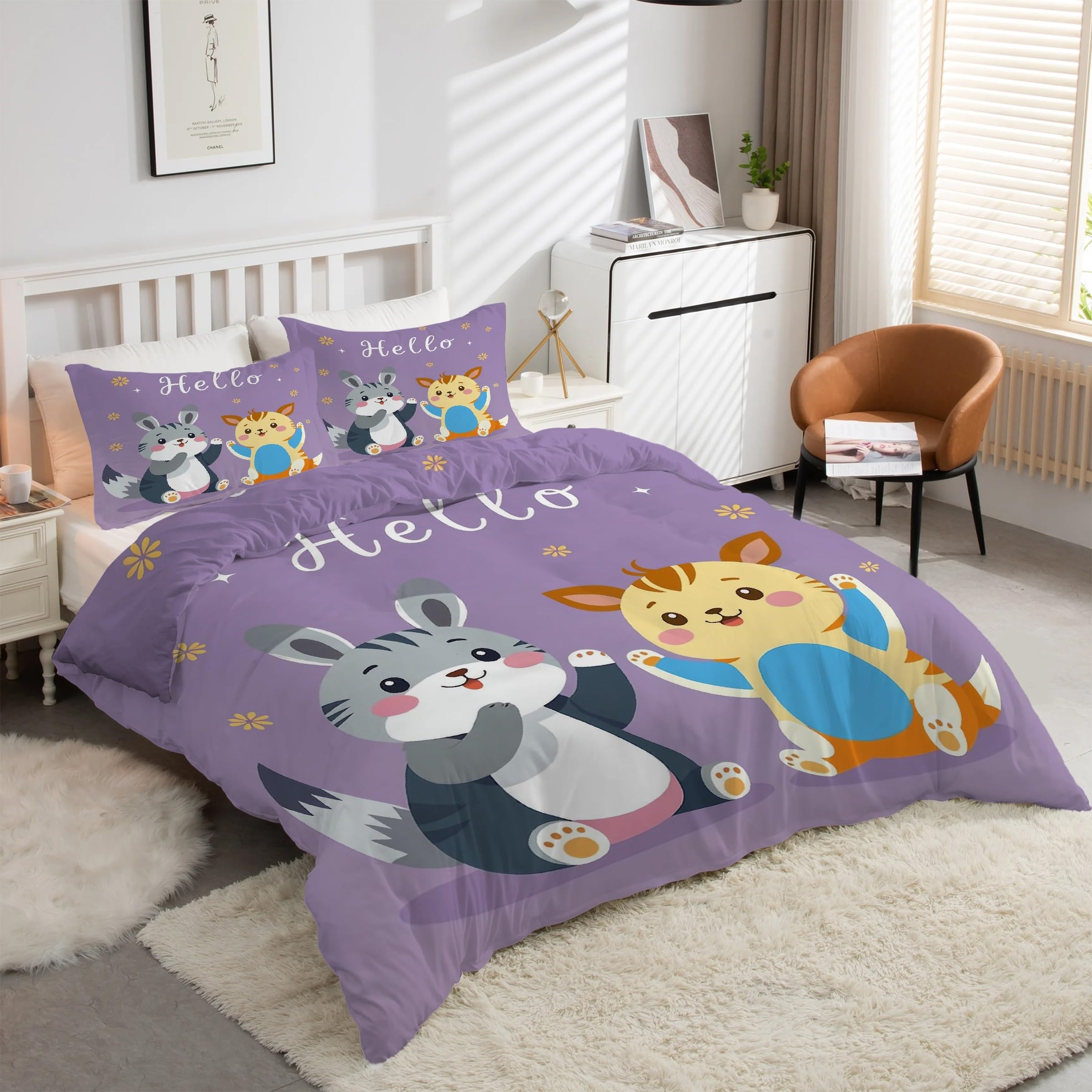 Housse de couette 160x200 chaton en microfibre douce et thermorégulatrice pour lit 2 places