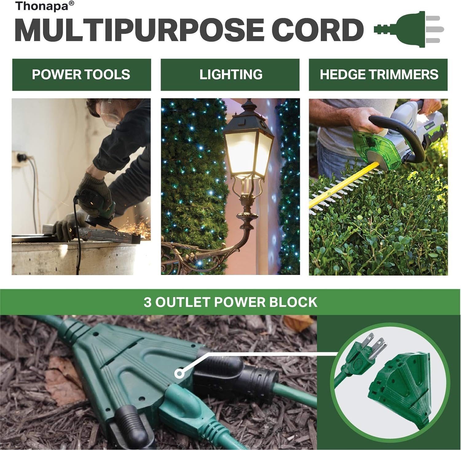 Thonapa - Cable de extensión verde resistente a la intemperie de 20 pies, 3 tomacorrientes, 16/3 SJTW para exteriores con múltiples tomacorrientes de 20 pies, cable eléctrico exterior de 13 amperios,
