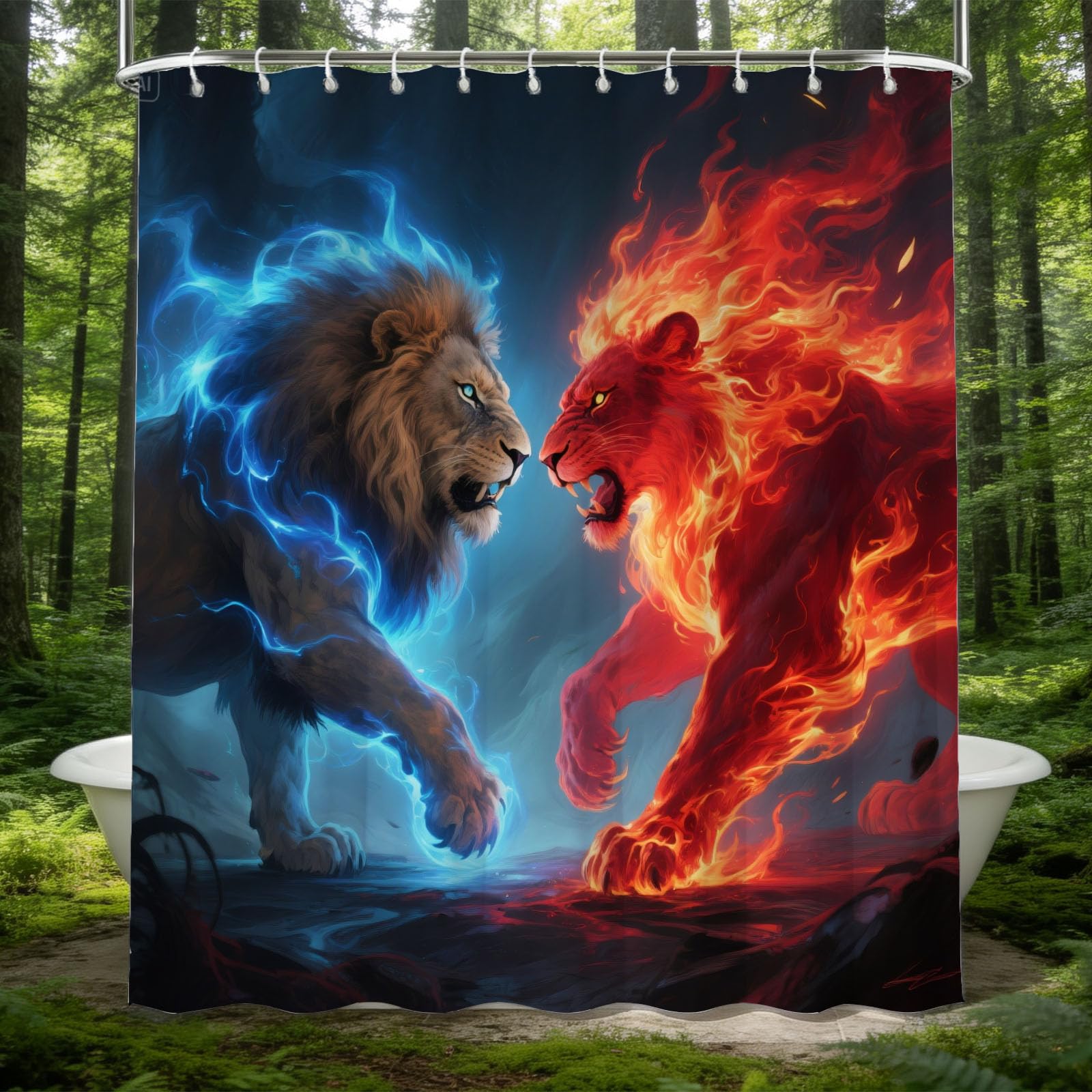 Hongduo 3D Fire Water Lion Shower Curtain for Stalls Bathtubs Lion Bathroom Decor Shower Curtain Set Polyester Fabric Waterproof 180x200cm/71X79 Inch with Hooks