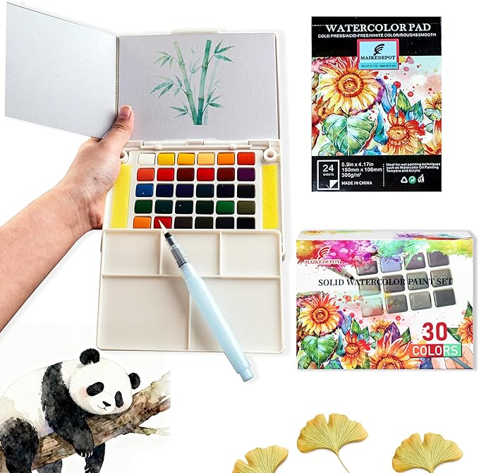 Watercolor Painting Set, Travel Paint Set, Compact Size, Graspable Paint Set Portable Watercolor Kit with Water Pen,24 Sheets Watercolor Papers,3 Tutorial Video-30colors