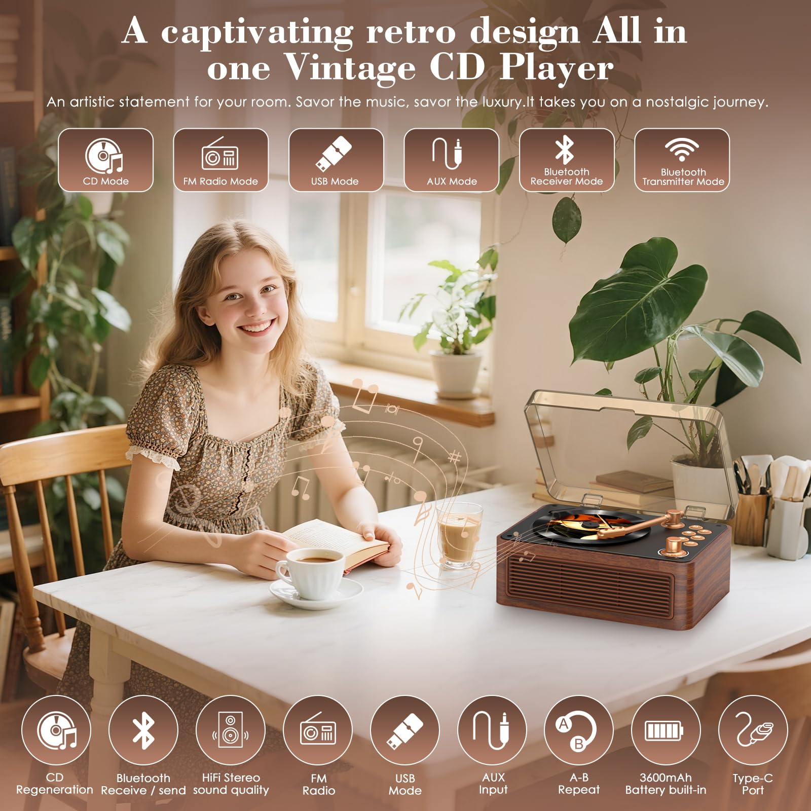 Kegaudio Lettore CD Portable Bluetooth con Altoparlante Radio Telecomando USB/AUX Noce