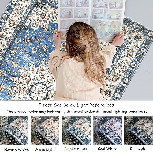 Miniatura 6 de Lahome Alfombra oriental con medallón floral  Alfombra grande de 5 x 7 pies, color azul, envejecida, antideslizante, lavable a máquina, alfombra de