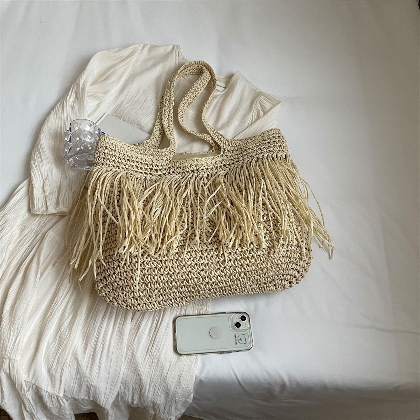 bolso mujer verano Bolsos de hombro tejidos con borlas informales for mujer, bolso mano grande for playa y verano, compras
