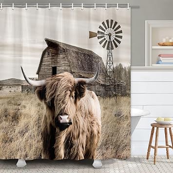 Farmhouse Highland Cow Shower Curtain for Bathroom, Rustic Funny Western Wildlife Shower Curtains, Vintage Windmill Western Country Restroom Bathtub Curtain Set Decor Accessories with Hooks 72X72