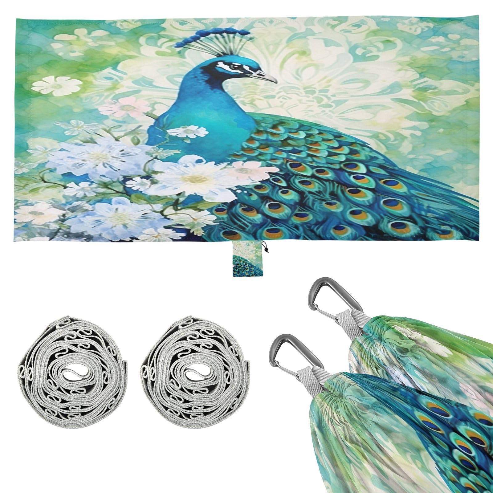 SDMKA Watercolor Peacock Camping Hammock, 330 lbs with 2 Tree Straps, Carry Bag, Single Portable Hammock for Outdoor/Indoor, Hiking, Beach, Backpacking, Travel