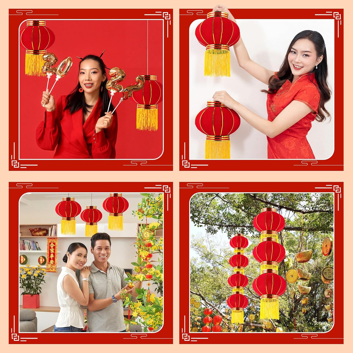 Baquler 2 Pcs Large Chinese New Year Lanterns Decorations 2026 Red Chinese Silk Lanterns 9.5 x 7.9'' Red Traditional Hanging Lamp Shade New Year Spring Festival Holiday Celebration Lamps Decor