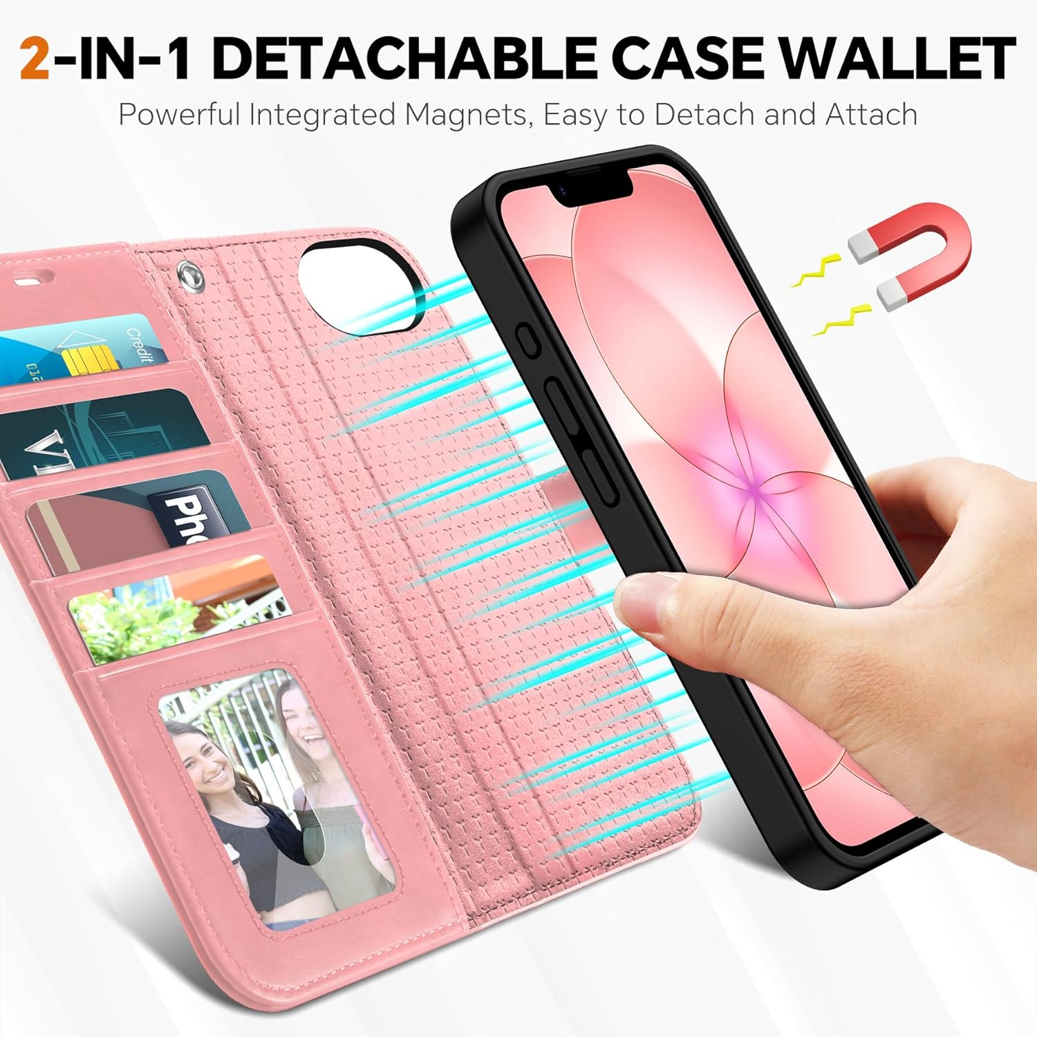 TUCCH Removable Case Wallet for iPhone 17e/16e, 2 in 1 [Wireless Charging] [Wrist Strap] PU Leather Magnetic Stand RFID Blocking [4 Card Slots] Detachable Folio for iPhone 17e 2026/16e 2025, Rose Gold
