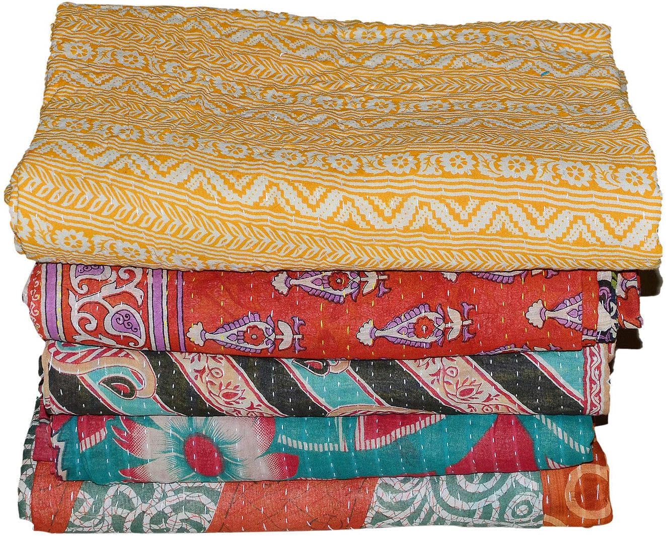 Indian Vintage Handmade Kantha Quilts Tribal Kantha Cotton Bed Cover Throw Assorted Patches Made Rally Reversible Bedspread Throw Old Sari Assorted Patches Indian Blanket(5 PCS)