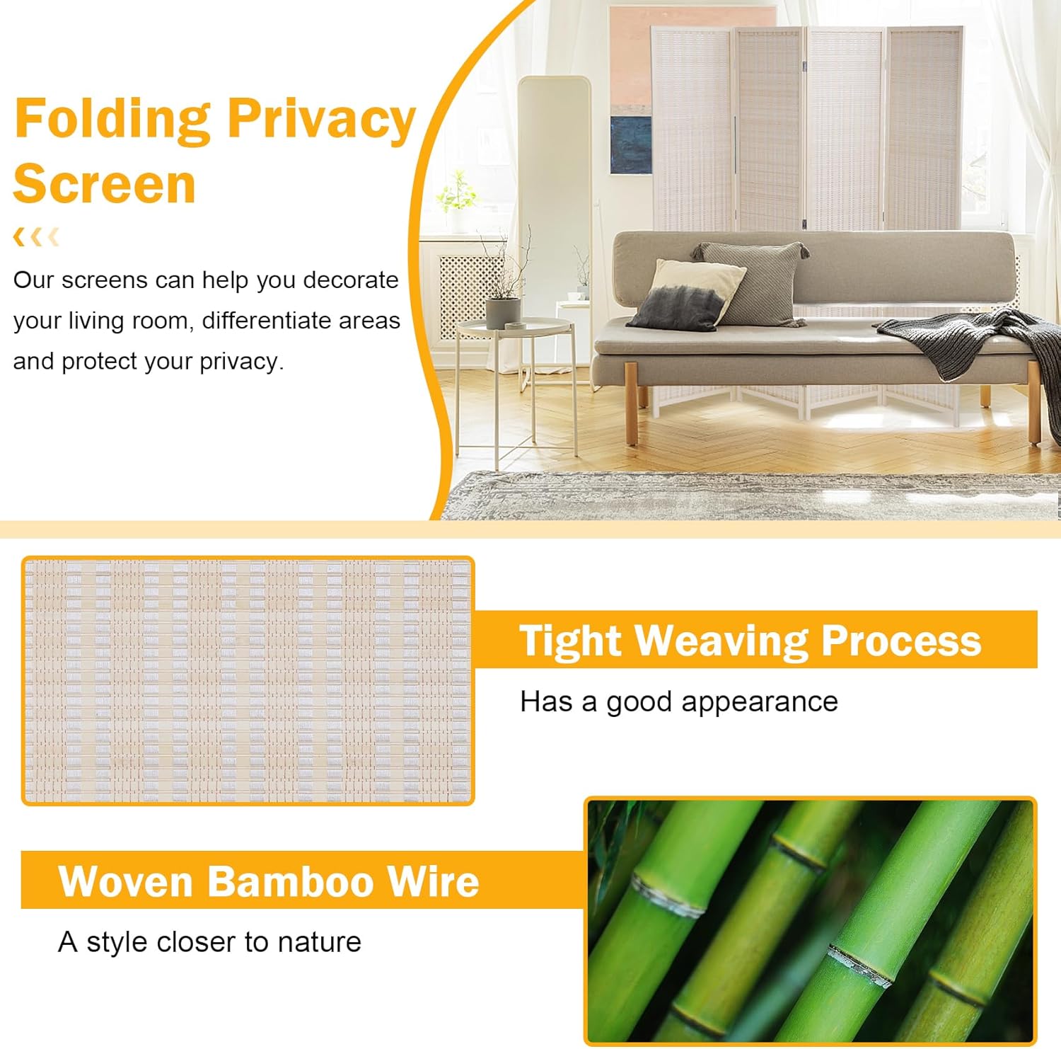 BLKMTY 4 Panel Room Divider, 6ft Folding Privacy Screen, 17.7" Wide Panels, Bamboo Room Partitions and Dividers, Hand-Woven Freestanding Wood Partition for Room Separation, Natural