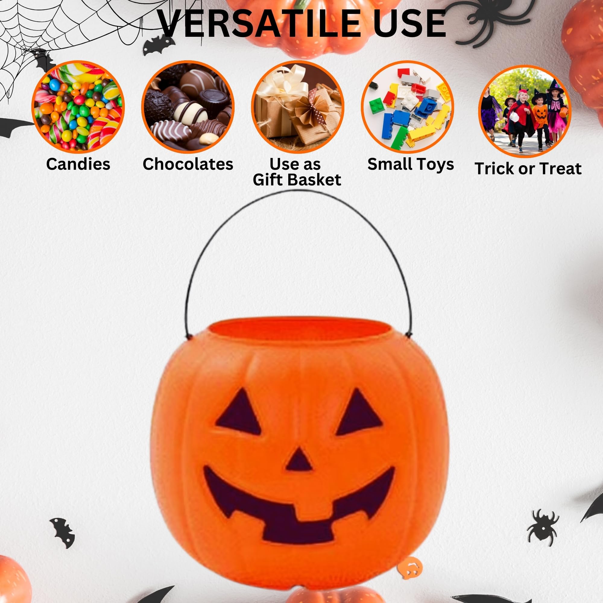 Halloween Plastic Pumpkin Bucket, Portable Pumpkin Buckets for Trick or Treating, Orange Halloween Pumpkin Basket, Party Favor Candy Storage Halloween Treat Pail Halloween Decorations, 1 Pack