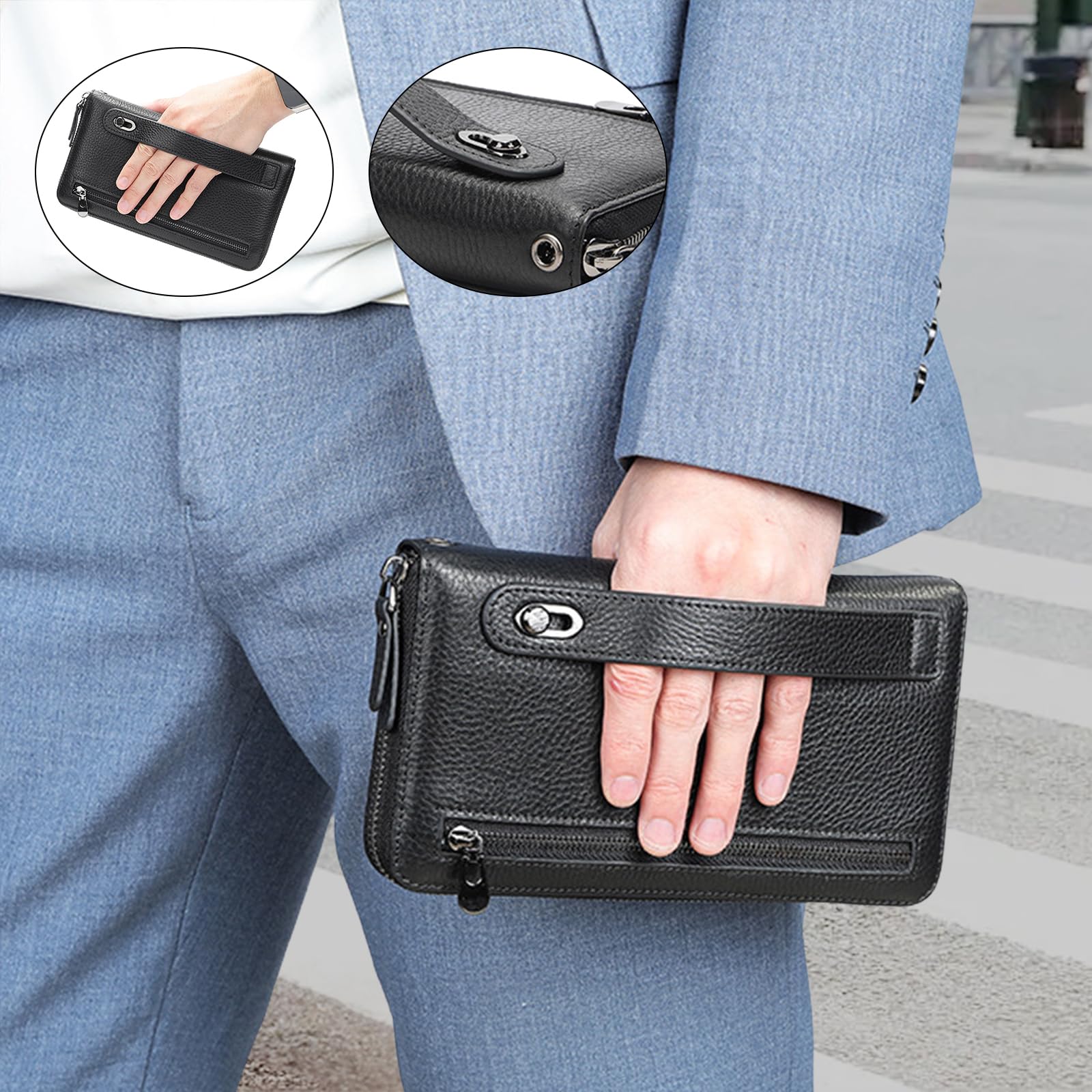 Cartera de piel de vacuno plegable delgada de gran capacidad con cremallera, regalos personalizados para papá y marido