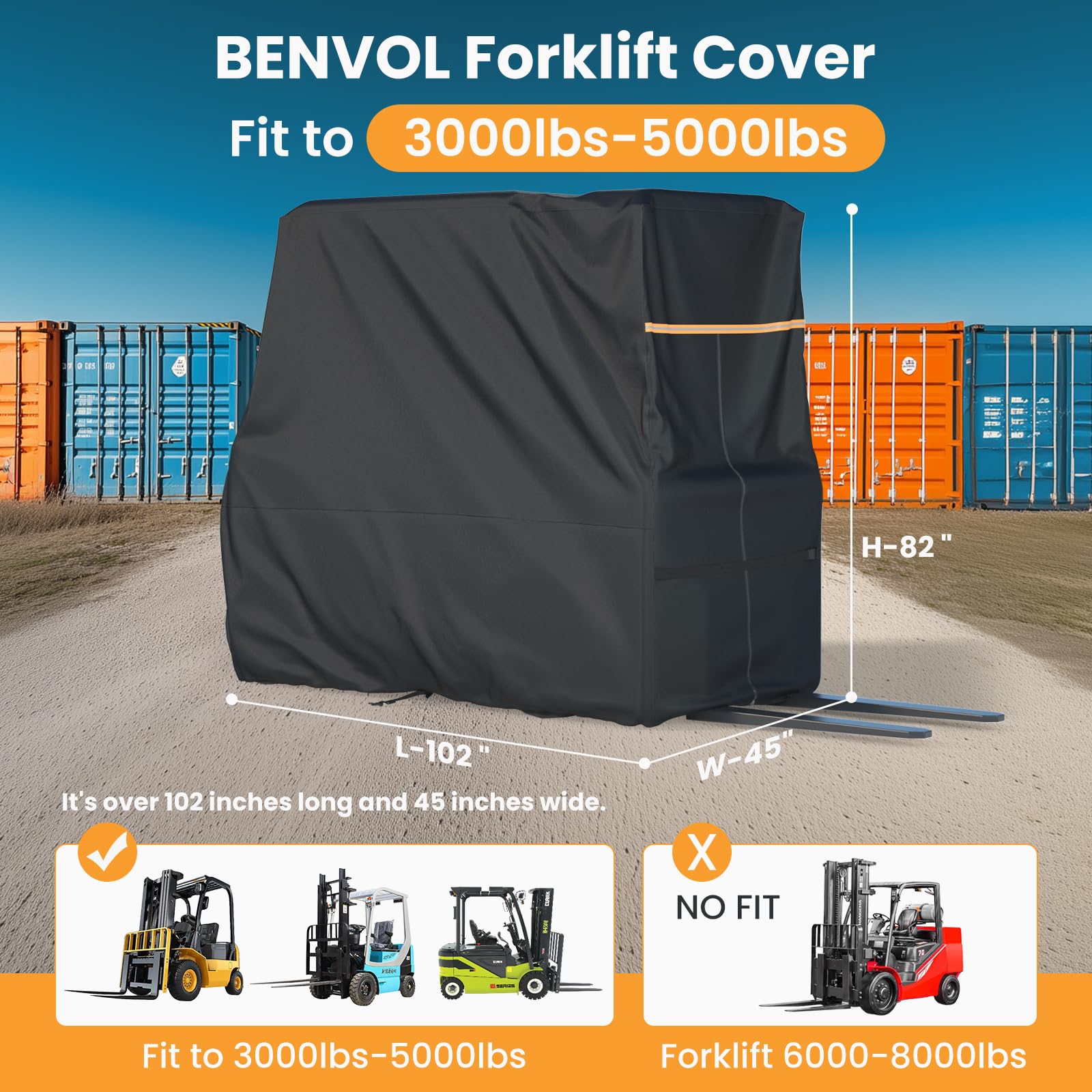 BENVOL Cubierta para carretilla elevadora, se adapta a 3000 a 5000 libras, impermeable, a prueba de polvo, a prueba de rayos UV, tela Oxford impermeable con revestimiento plateado 420D, cubierta de