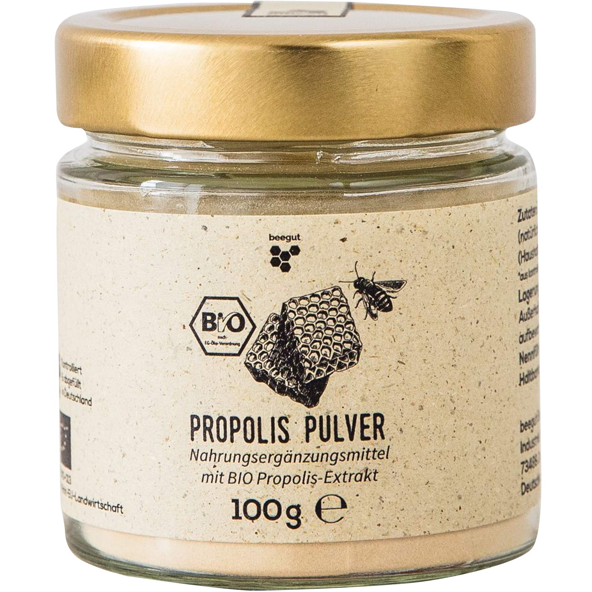 beegut BIO Propolis Pulver, zur Einnahme oder Herstellung eigener Produkte, 100g Propolispulver aus kontrolliert biologischem Anbau, nachhaltige Verpackung