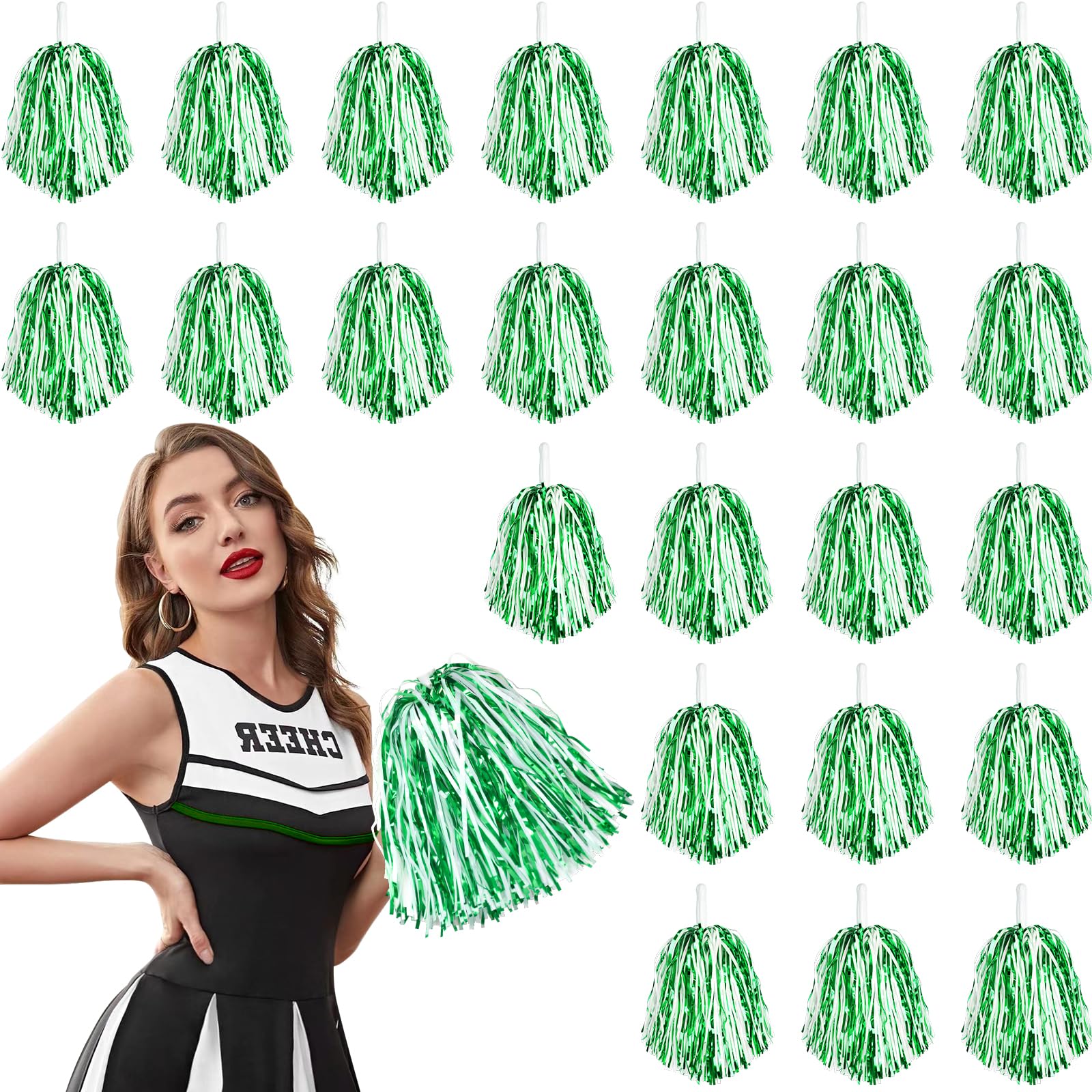 DILIBRA 24 Pcs Metallic Cheerleading Pom Poms with Baton Handle Green-White