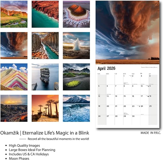 Wall Calendar 2026 Planner Calendar - Amazing nature Hangable Monthly Wall Calendar with Large Blocks for Organizing & Planning, Academic Schedule, Home, Office & family, Thick & Sturdy Paper (12x24 Open)