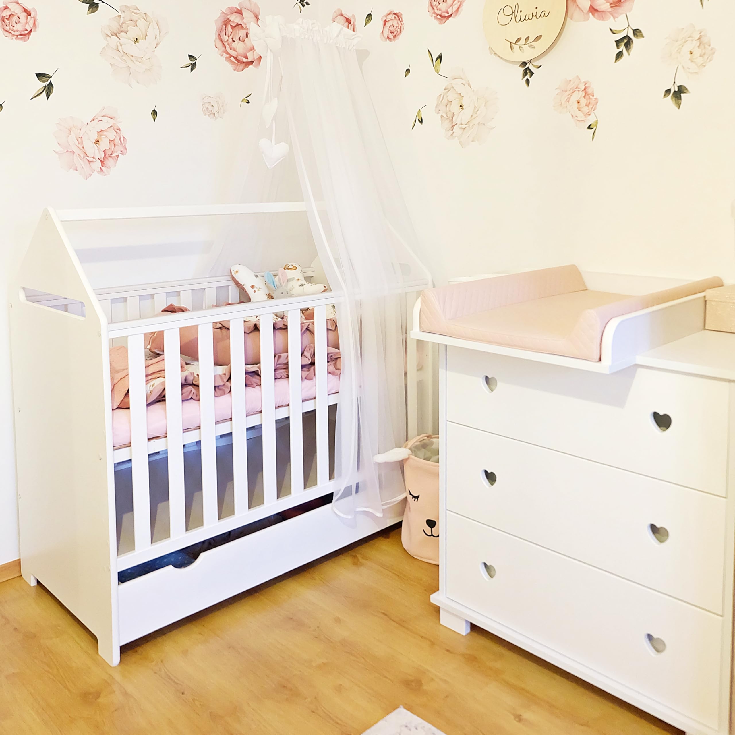 zee Cassettiera Fasciatoio Neonato 83 x 87 x 49 cm Bianca Fasciatoio Rimovibile 3 Cassetti Comò Cameretta Bambini Design Cuore
