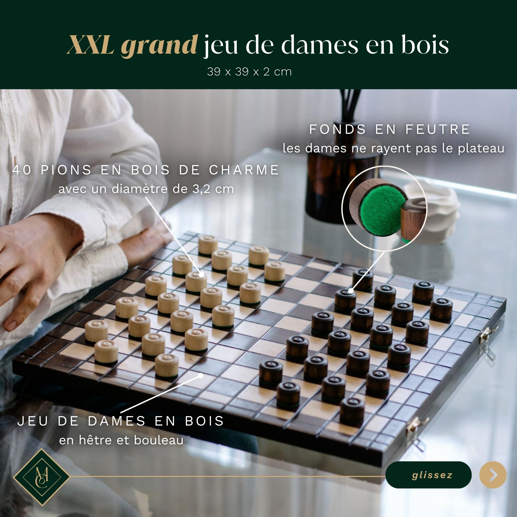 Master of Chess Dames Bois et avec Pieces 39 cm - Fait Main Jeu de Dame Voyage Pliable - Grand Jeux de Dame pour Enfants et Adultes - Pions en Bois de Charme