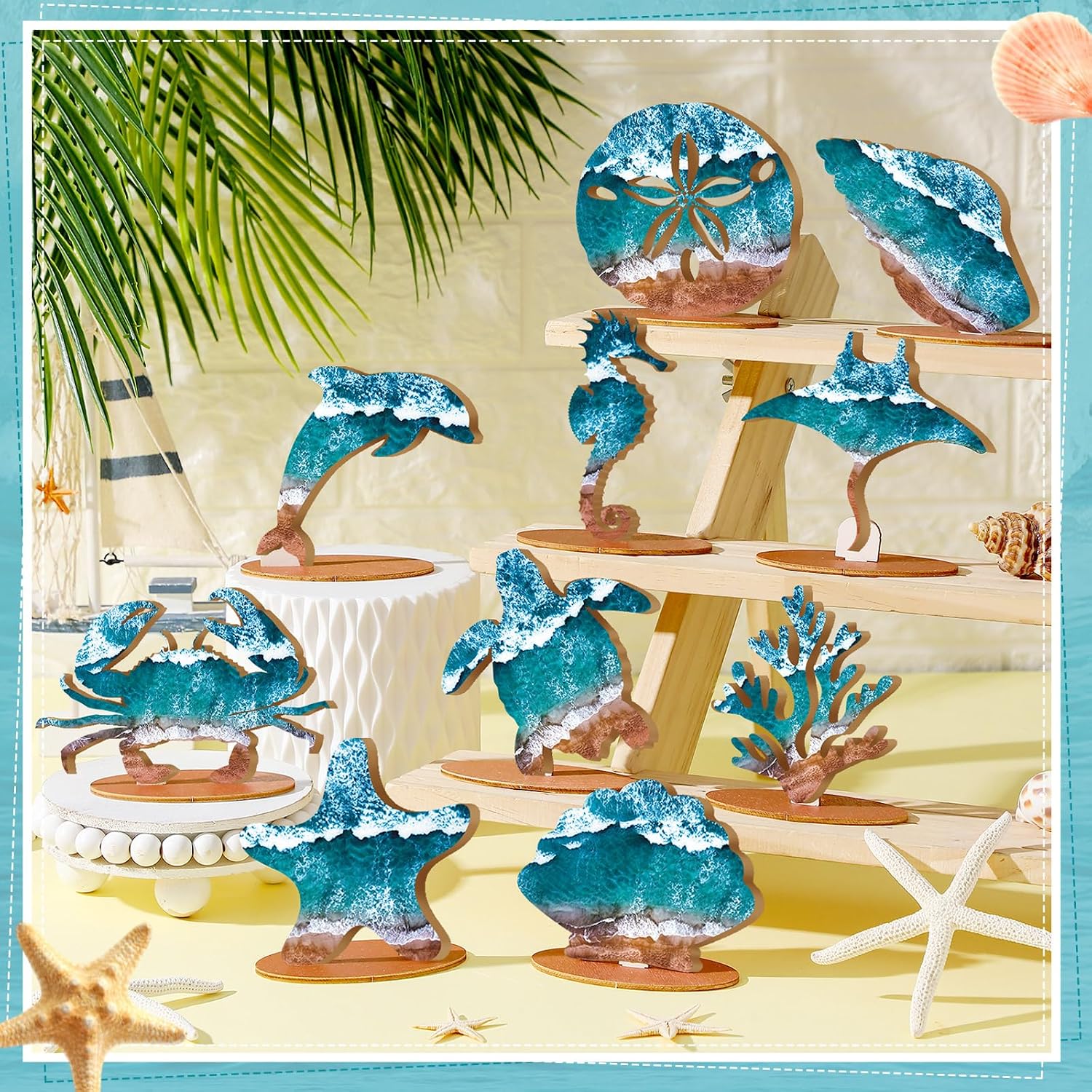 Threehoney 10 Pcs Ocean Wood Table Sign Under The Sea Wooden Beach Table Decor Sea Animal Coastal Beach Centerpiece Nautical Block Summer Decoration for Home Party Supplies(Rustic Style)